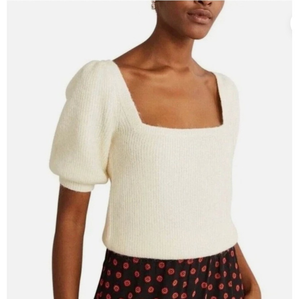 Boden Off White Square Neck Wool Blend Puff Sleeve Sweater Old Money NWT L